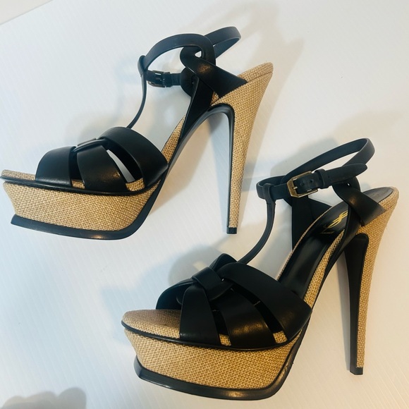Saint Laurent Tribute Platform Sandals Black Leather Raffia EU 39.5 Authentic - Picture 7 of 14